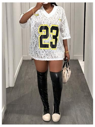 MakeMeChic Women's Jersey Shirts Number Graphic Oversized Y2K Tee Tops White Orange X-Small