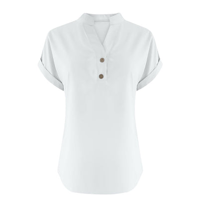 Big Spring Deals Summer Tops for Women 2025 Trendy Short Sleeve Cotton Linen Shirt Casual Button v Neck Tunic Blouses Outfits White Travel Shirts for Women M