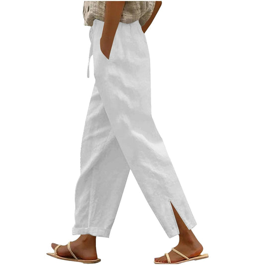 Womens Summer Pants Lightweight Casual Cotton Linen Pants for Women 2025 Summer Gauze Drawstring High Waisted Wide Leg Trousers Beach Vacation Clothes White XL