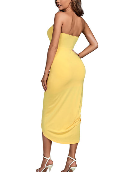 Umenlele Women's Strapless Ruched High Waist Wrap Split Asymmetrical Beach Maxi Long Dress White Floral#3 Small