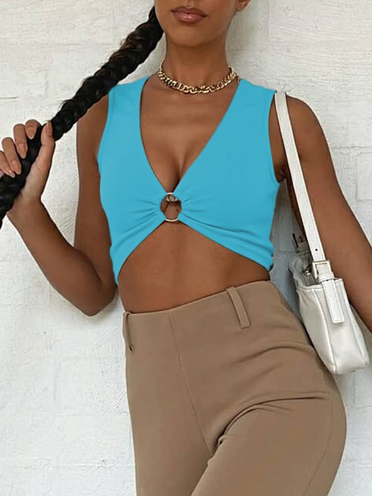 AEVZIV Sexy Crop Tops for Women Sleeveless Deep V Neck Workout Tops Plunge Ring Cleavage Cropped Tank Top Black M