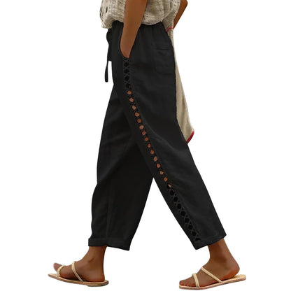 Puimentiua Women's Linen Capri Pants with Drawstring Petite Summer Beachwear Lightweight Elastic Waist Pants, Light Khaki, L
