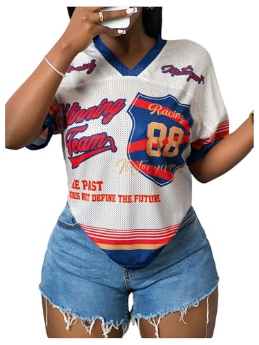 MakeMeChic Women's Jersey Shirts Number Graphic Oversized Y2K Tee Tops White Orange X-Small