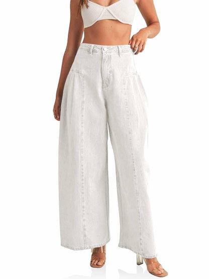 PLNOTME Womens Baggy High Waisted Jeans Loose Boyfriend Wide Leg Side Pleated Denim Pants Blue
