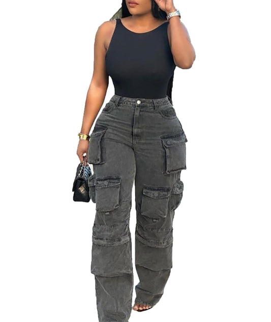 LKOUS Women's Y2K Baggy Straight Wide Leg Cargo Jeans, Streetwear High Waisted Denim Pant Grey