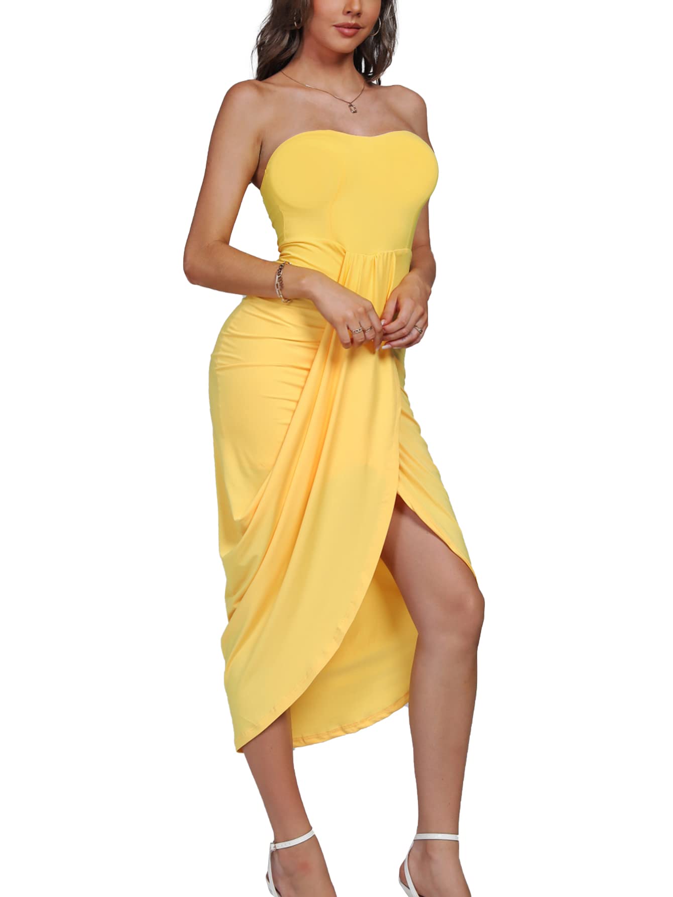 Umenlele Women's Strapless Ruched High Waist Wrap Split Asymmetrical Beach Maxi Long Dress White Floral#3 Small