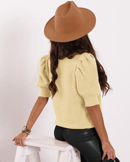Women's Puff Short Sleeve Sweater Tops 2025 Spring Summer Trendy Crew Neck Casual T Shirts Blouses Beige