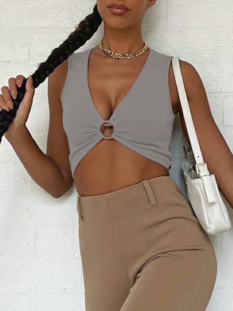AEVZIV Sexy Crop Tops for Women Sleeveless Deep V Neck Workout Tops Plunge Ring Cleavage Cropped Tank Top Black M