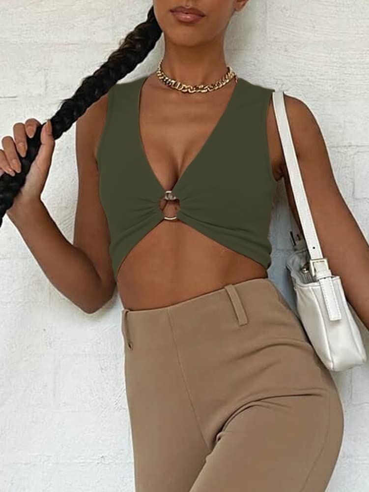 AEVZIV Sexy Crop Tops for Women Sleeveless Deep V Neck Workout Tops Plunge Ring Cleavage Cropped Tank Top Black M