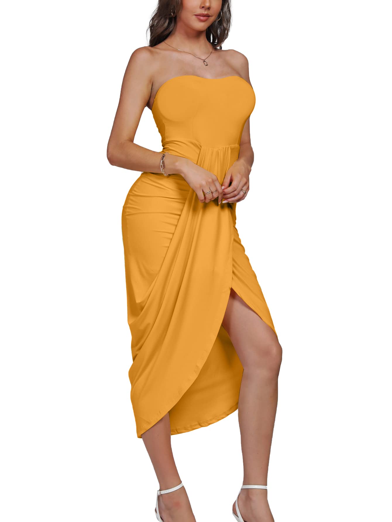 Umenlele Women's Strapless Ruched High Waist Wrap Split Asymmetrical Beach Maxi Long Dress White Floral#3 Small
