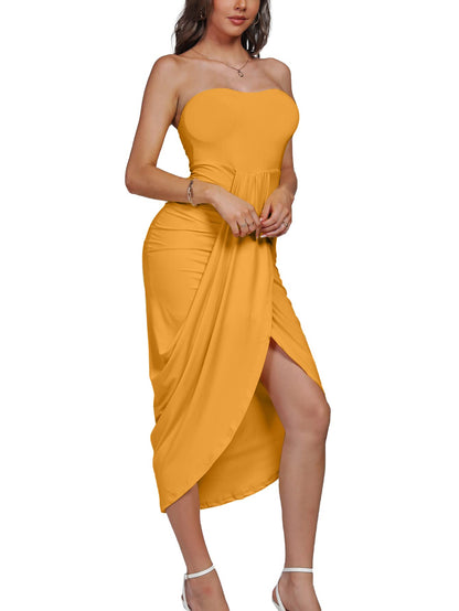 Umenlele Women's Strapless Ruched High Waist Wrap Split Asymmetrical Beach Maxi Long Dress White Floral#3 Small