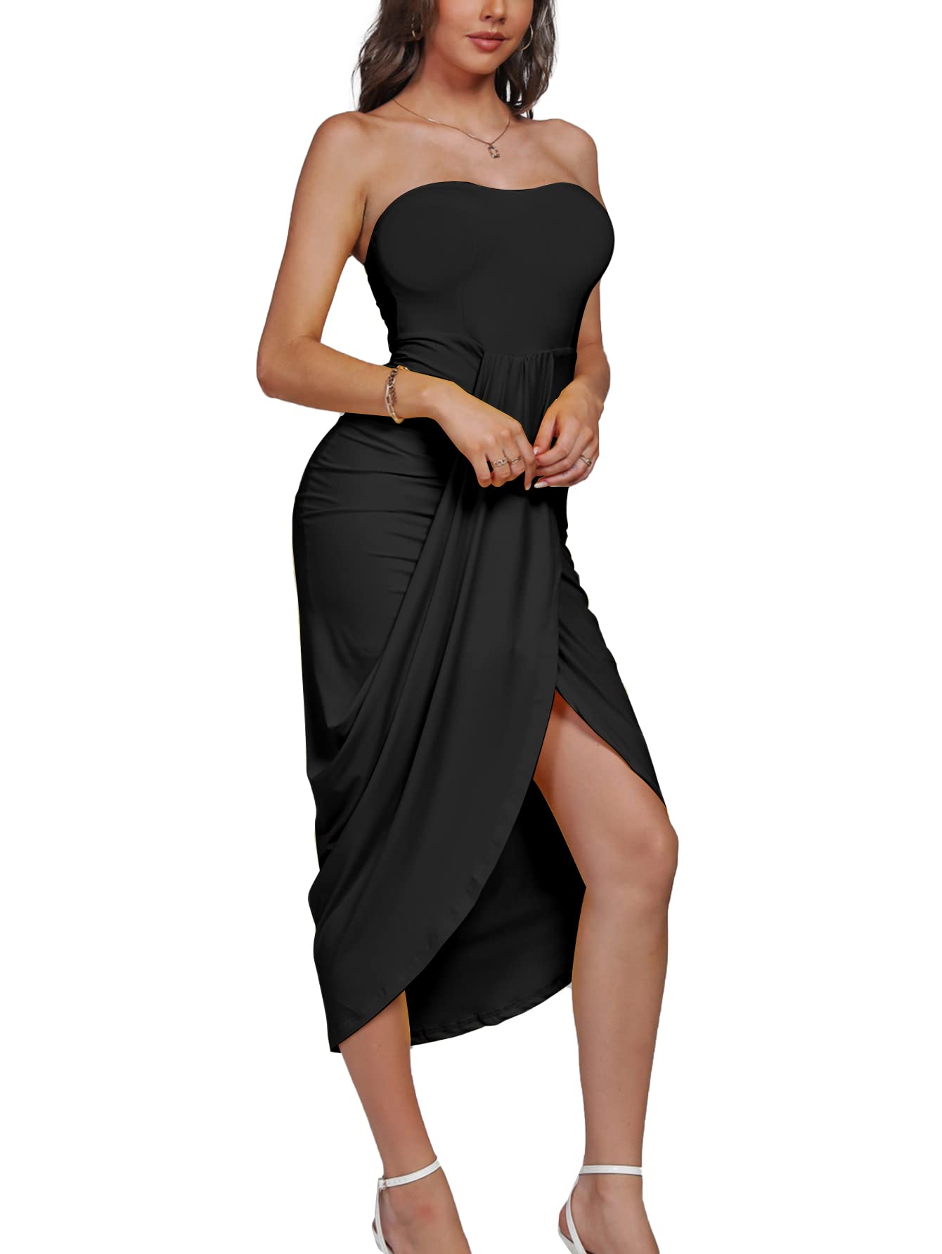 Umenlele Women's Strapless Ruched High Waist Wrap Split Asymmetrical Beach Maxi Long Dress White Floral#3 Small