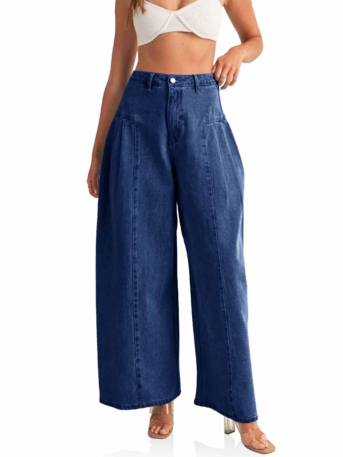 PLNOTME Womens Baggy High Waisted Jeans Loose Boyfriend Wide Leg Side Pleated Denim Pants Blue