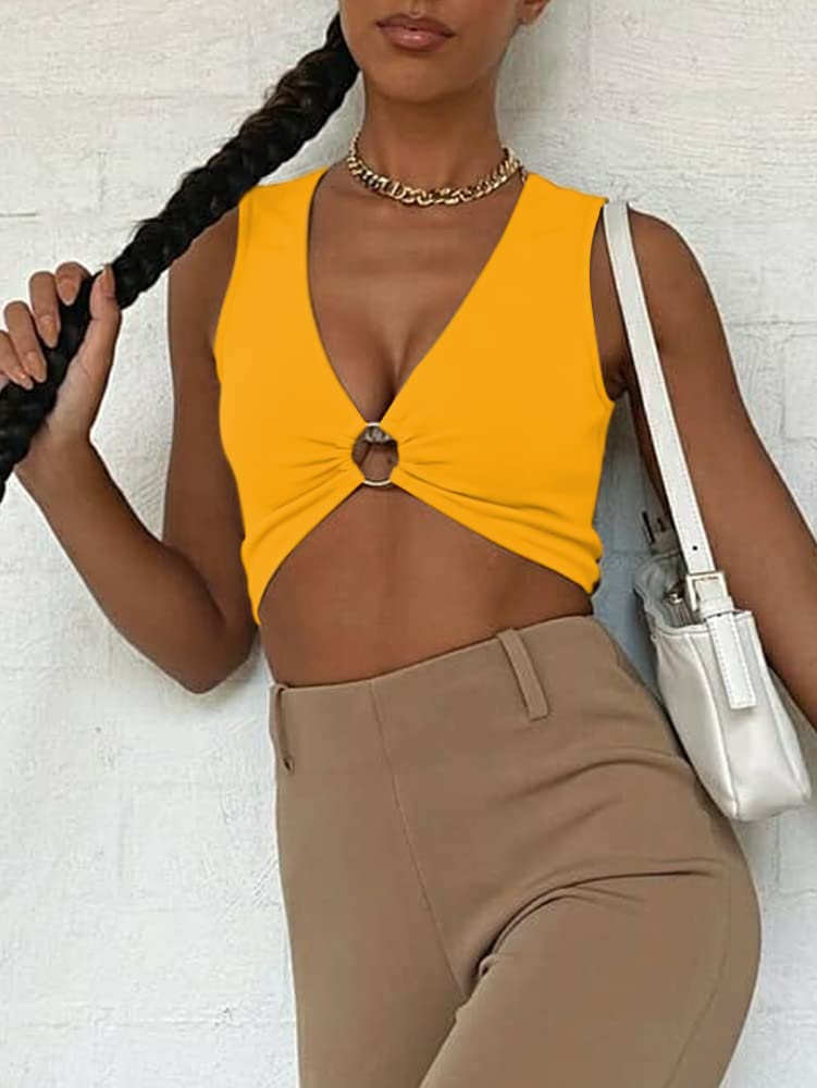 AEVZIV Sexy Crop Tops for Women Sleeveless Deep V Neck Workout Tops Plunge Ring Cleavage Cropped Tank Top Black M