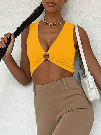 AEVZIV Sexy Crop Tops for Women Sleeveless Deep V Neck Workout Tops Plunge Ring Cleavage Cropped Tank Top Black M