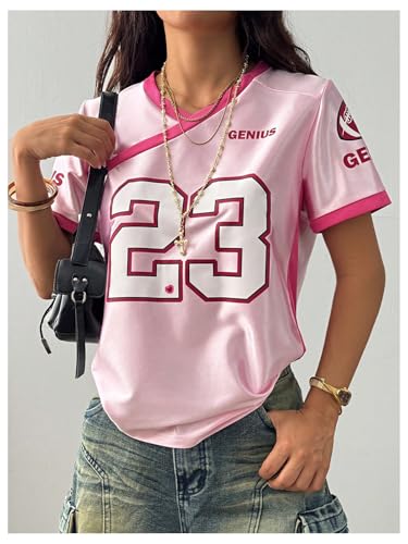 MakeMeChic Women's Jersey Shirts Number Graphic Oversized Y2K Tee Tops White Orange X-Small