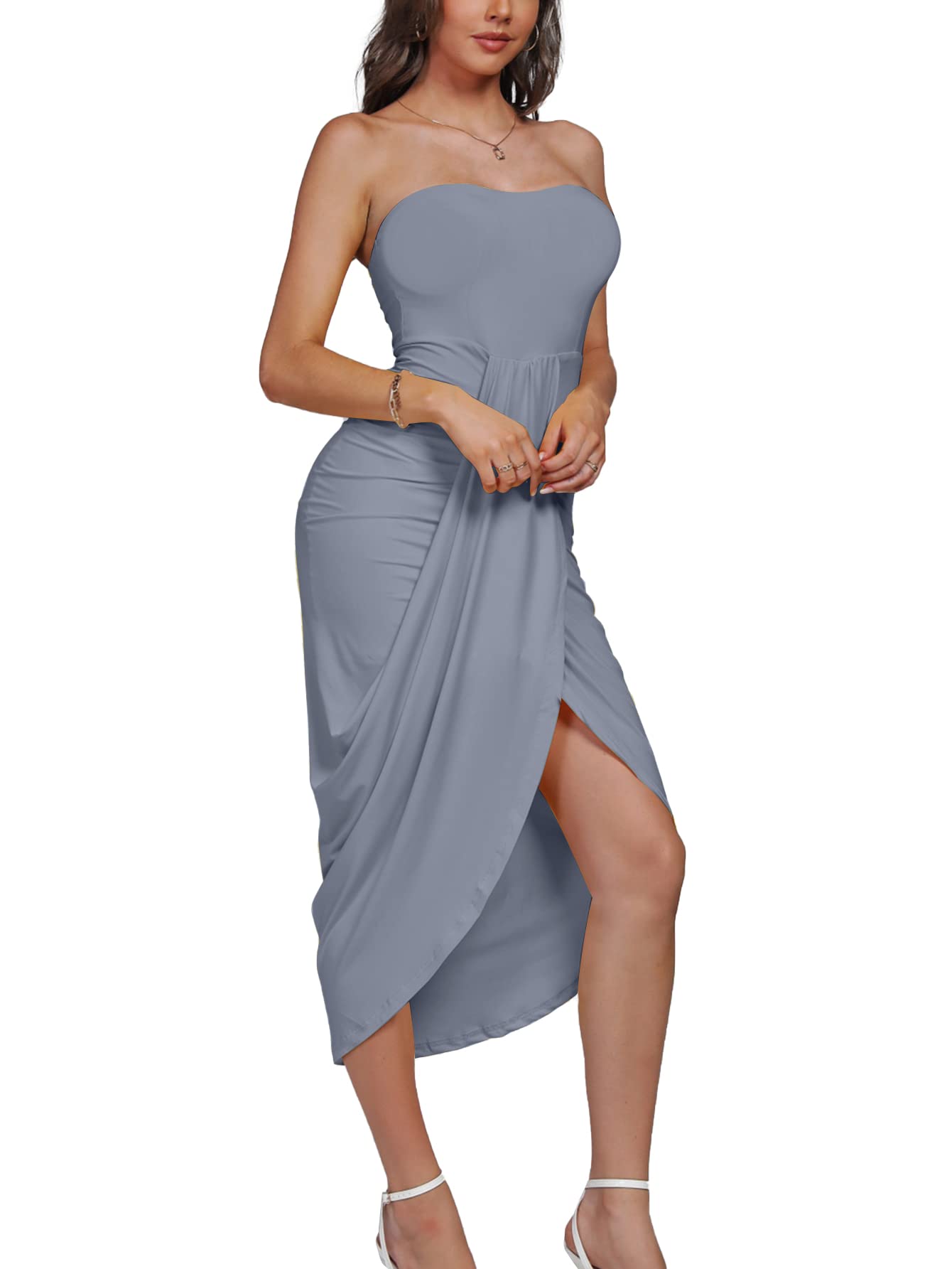 Umenlele Women's Strapless Ruched High Waist Wrap Split Asymmetrical Beach Maxi Long Dress White Floral#3 Small