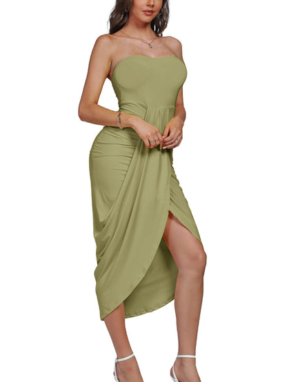 Umenlele Women's Strapless Ruched High Waist Wrap Split Asymmetrical Beach Maxi Long Dress White Floral#3 Small