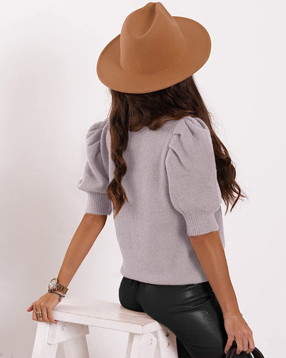 Women's Puff Short Sleeve Sweater Tops 2025 Spring Summer Trendy Crew Neck Casual T Shirts Blouses Beige