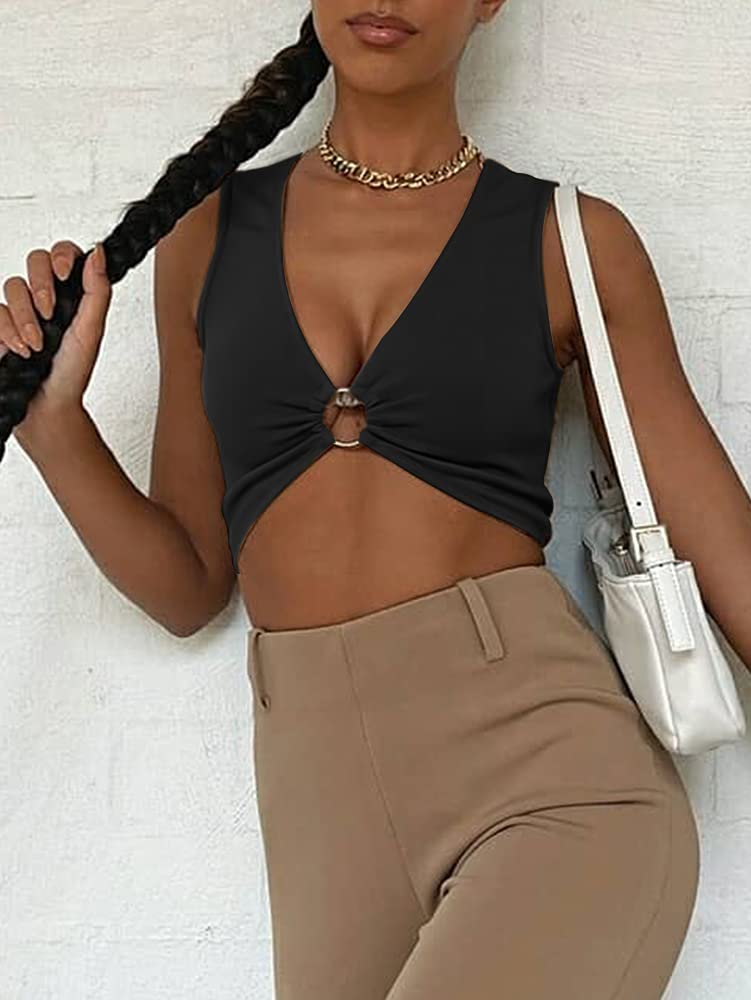 AEVZIV Sexy Crop Tops for Women Sleeveless Deep V Neck Workout Tops Plunge Ring Cleavage Cropped Tank Top Black M