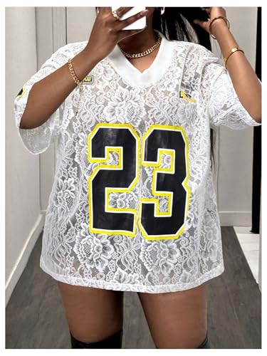 MakeMeChic Women's Jersey Shirts Number Graphic Oversized Y2K Tee Tops White Orange X-Small