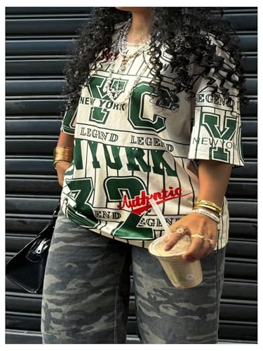 MakeMeChic Women's Jersey Shirts Number Graphic Oversized Y2K Tee Tops White Orange X-Small
