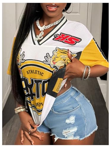 MakeMeChic Women's Jersey Shirts Number Graphic Oversized Y2K Tee Tops White Orange X-Small