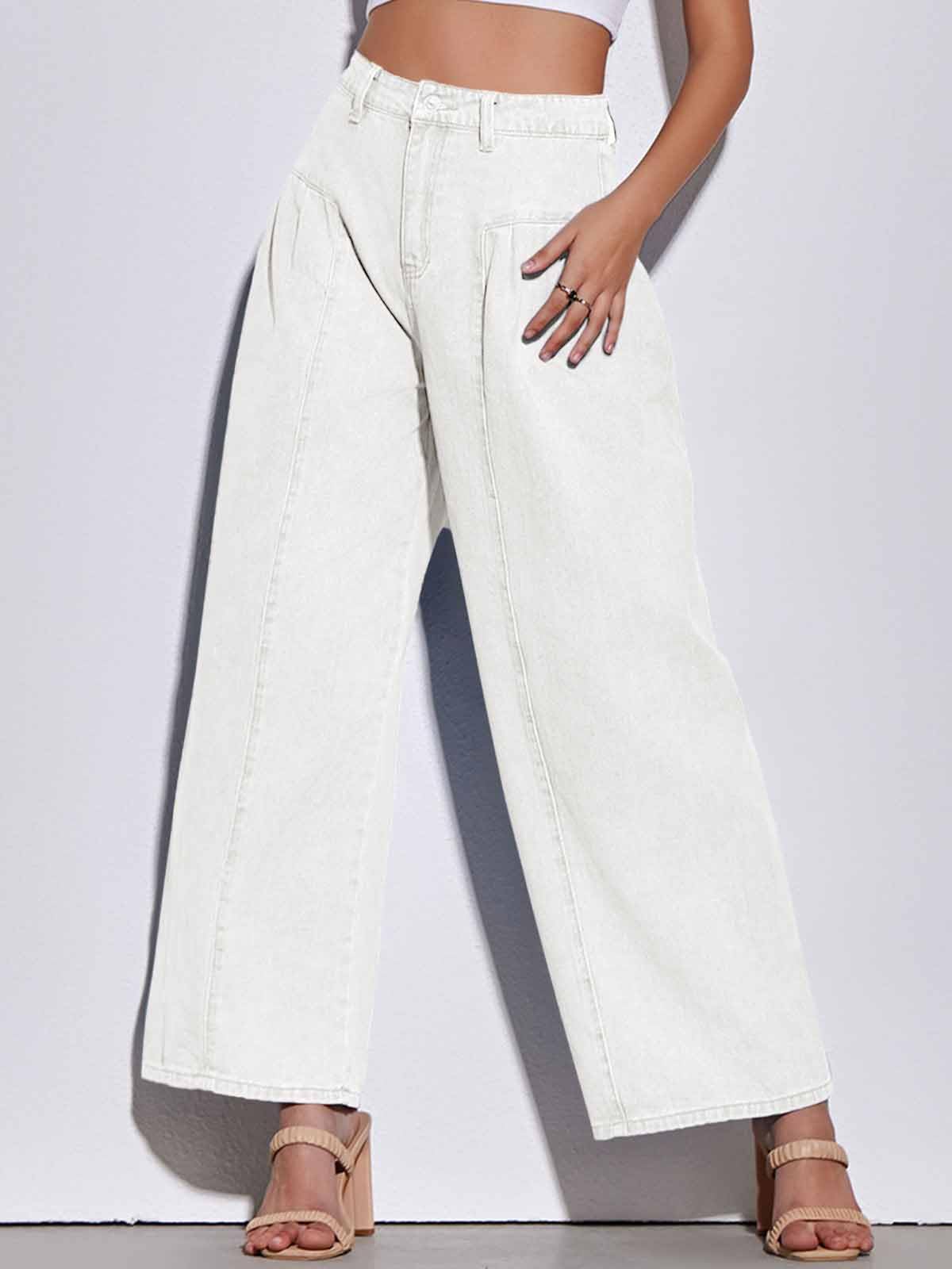 PLNOTME Womens Baggy High Waisted Jeans Loose Boyfriend Wide Leg Side Pleated Denim Pants Blue