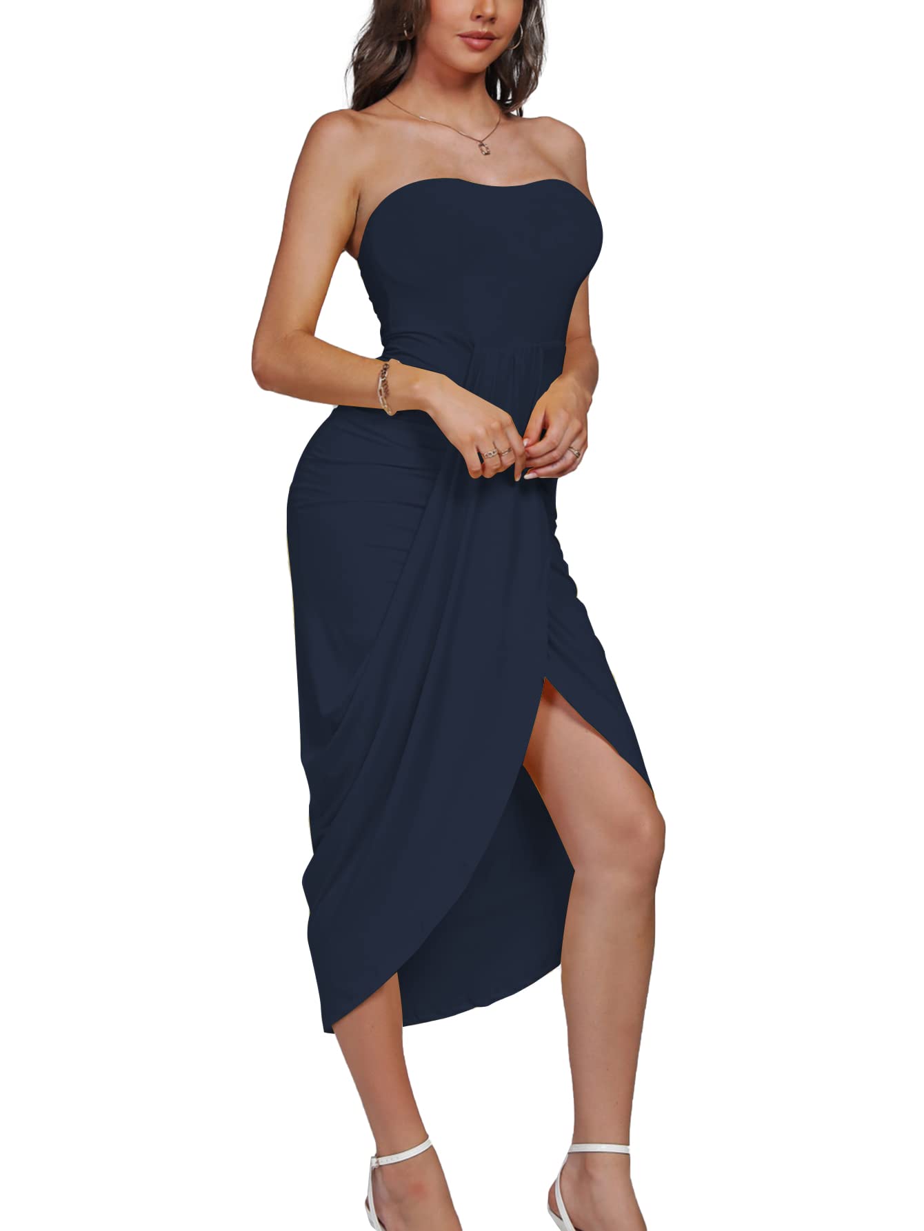 Umenlele Women's Strapless Ruched High Waist Wrap Split Asymmetrical Beach Maxi Long Dress White Floral#3 Small