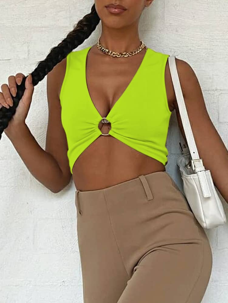 AEVZIV Sexy Crop Tops for Women Sleeveless Deep V Neck Workout Tops Plunge Ring Cleavage Cropped Tank Top Black M
