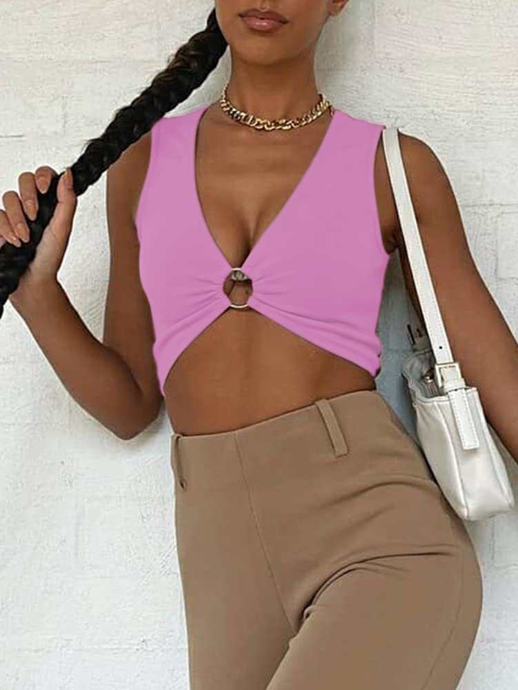 AEVZIV Sexy Crop Tops for Women Sleeveless Deep V Neck Workout Tops Plunge Ring Cleavage Cropped Tank Top Black M
