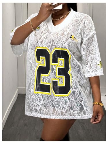 MakeMeChic Women's Jersey Shirts Number Graphic Oversized Y2K Tee Tops White Orange X-Small
