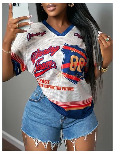 MakeMeChic Women's Jersey Shirts Number Graphic Oversized Y2K Tee Tops White Orange X-Small