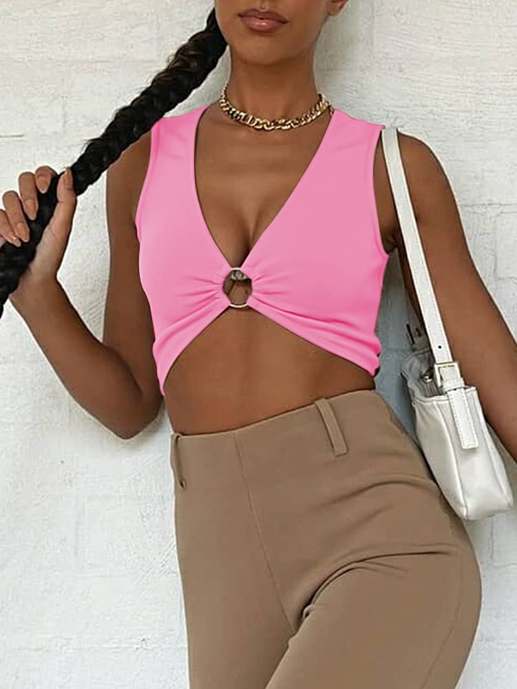 AEVZIV Sexy Crop Tops for Women Sleeveless Deep V Neck Workout Tops Plunge Ring Cleavage Cropped Tank Top Black M