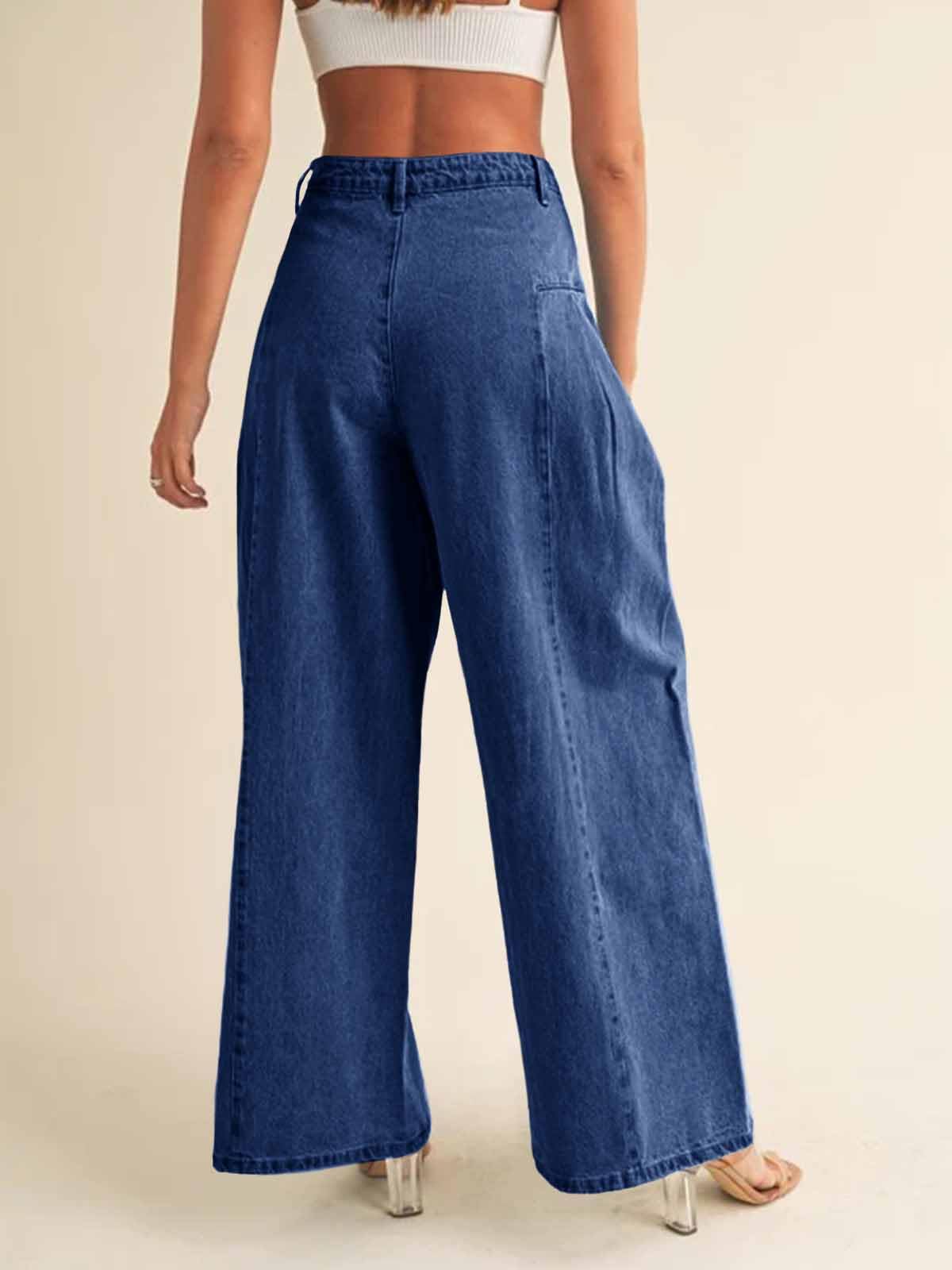 PLNOTME Womens Baggy High Waisted Jeans Loose Boyfriend Wide Leg Side Pleated Denim Pants Blue