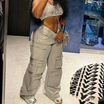 LKOUS Women's Y2K Baggy Straight Wide Leg Cargo Jeans, Streetwear High Waisted Denim Pant Grey
