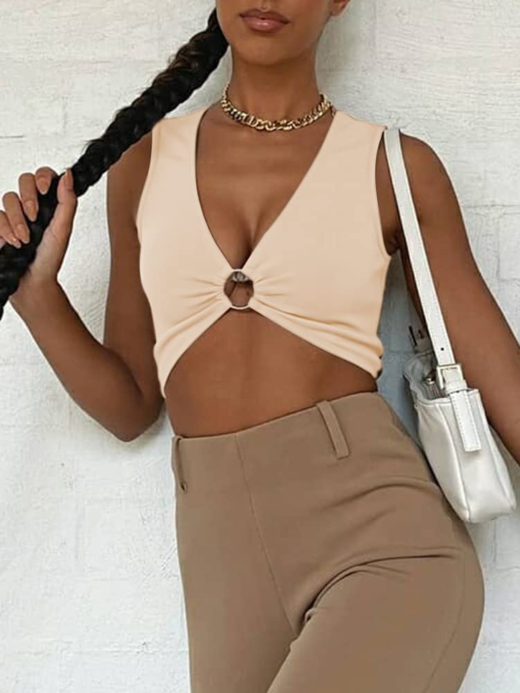 AEVZIV Sexy Crop Tops for Women Sleeveless Deep V Neck Workout Tops Plunge Ring Cleavage Cropped Tank Top Black M