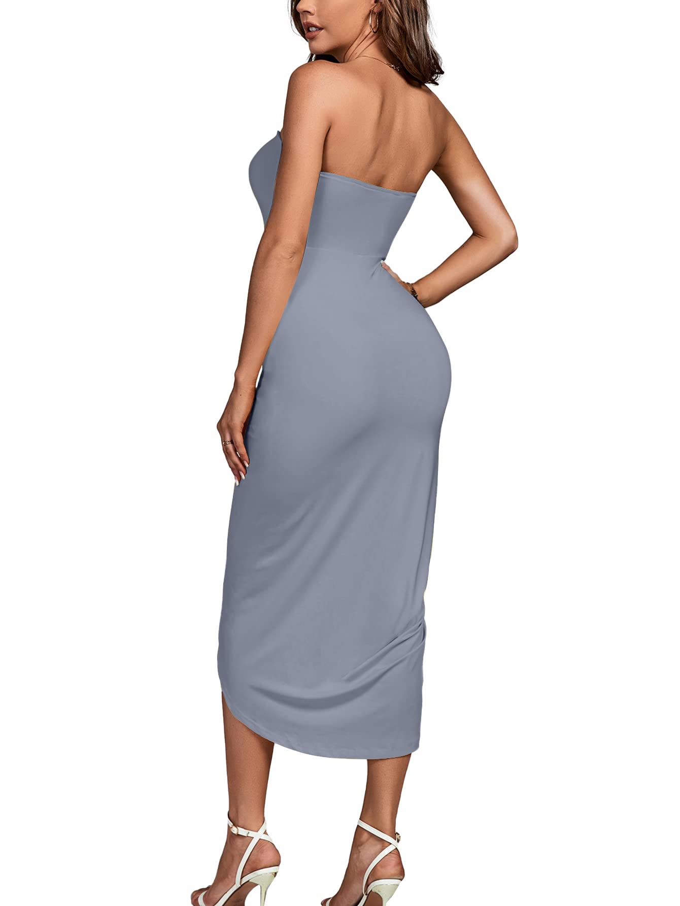 Umenlele Women's Strapless Ruched High Waist Wrap Split Asymmetrical Beach Maxi Long Dress White Floral#3 Small