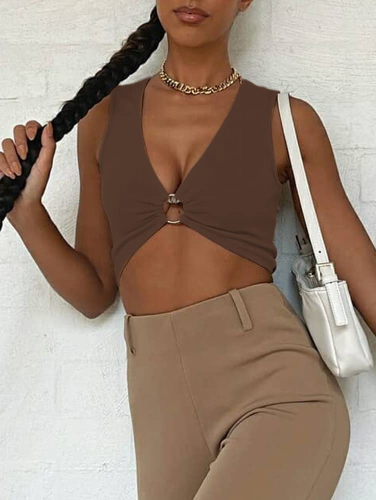 AEVZIV Sexy Crop Tops for Women Sleeveless Deep V Neck Workout Tops Plunge Ring Cleavage Cropped Tank Top Black M