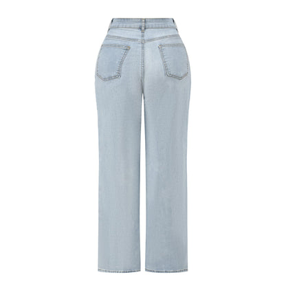 THUNDER STAR Womens High Waisted Wide Leg Jeans Stretchy Distressed Denim Pants Light Blue XXL
