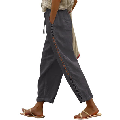 Puimentiua Women's Linen Capri Pants with Drawstring Petite Summer Beachwear Lightweight Elastic Waist Pants, Light Khaki, L