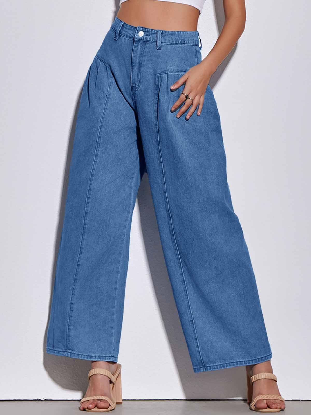 PLNOTME Womens Baggy High Waisted Jeans Loose Boyfriend Wide Leg Side Pleated Denim Pants Blue