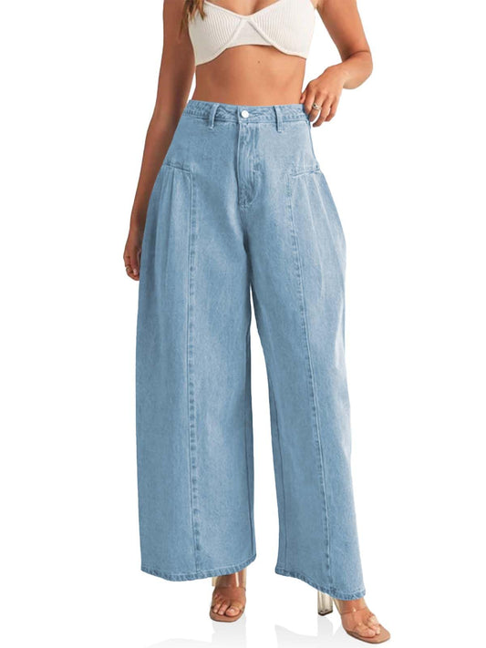 PLNOTME Womens Baggy High Waisted Jeans Loose Boyfriend Wide Leg Side Pleated Denim Pants Blue
