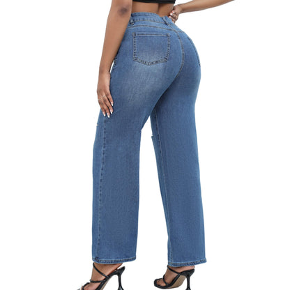 THUNDER STAR Womens High Waisted Wide Leg Jeans Stretchy Distressed Denim Pants Light Blue XXL