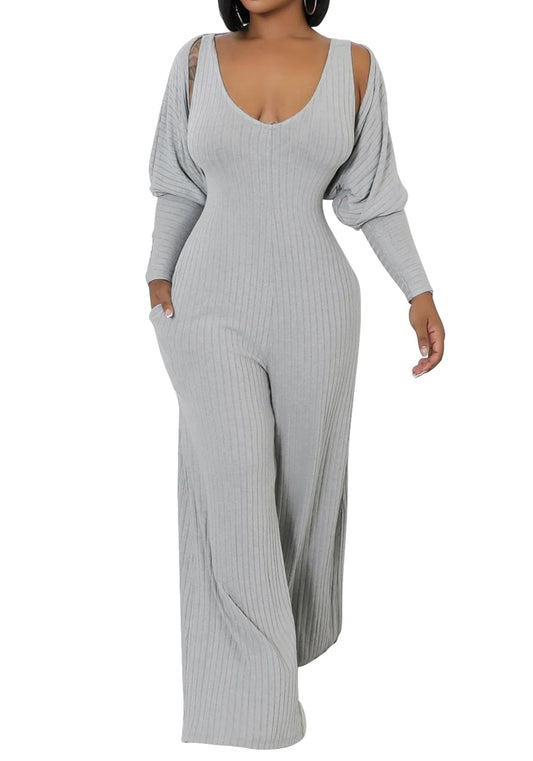 Vakkest Sexy Ribbed Knitted 2 Piece Jumpsuit Outfits for Women Long Sleeve Crop Cardigan Sweater Wide Leg Tank Romper Set