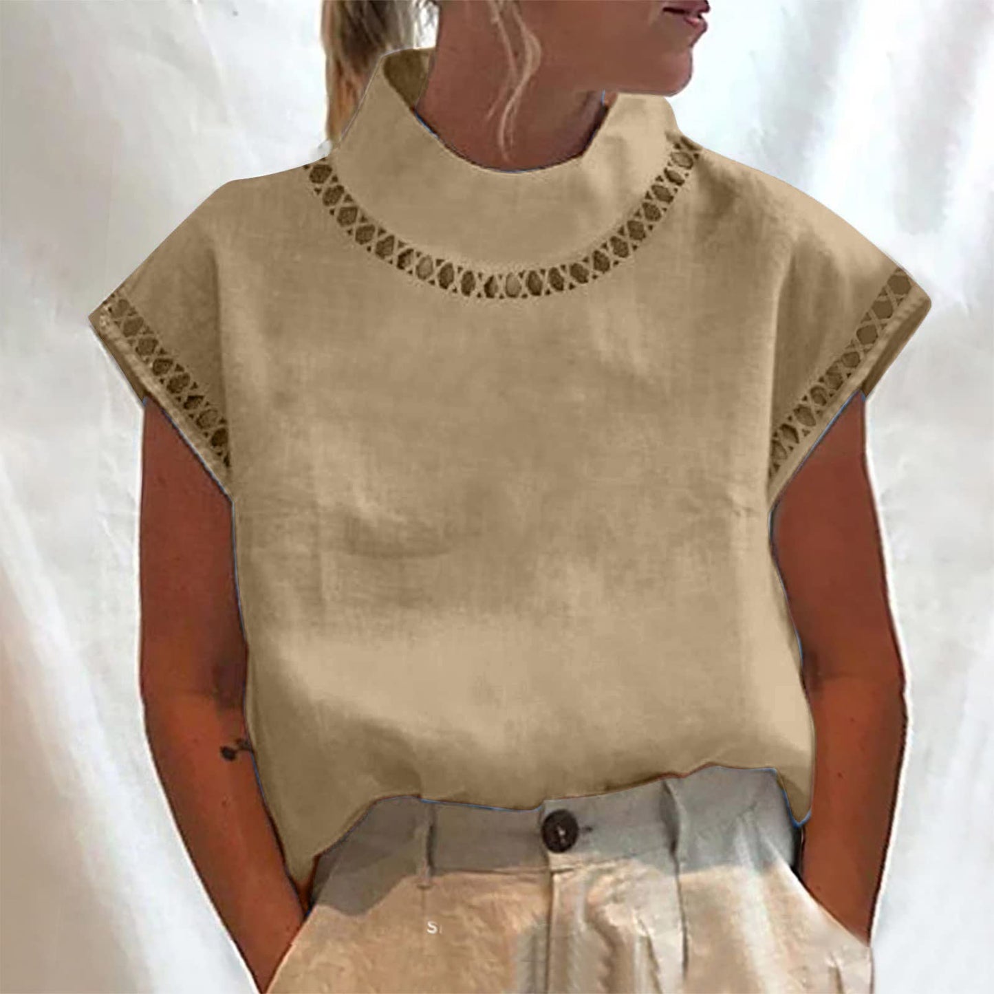 Summer Outfits for Women 2024 Cotton Linen Tops for Women 2024 Casual Cap Sleeve Summer Shirts Loose High Neck Tshirt Dressy Casual Blouses Womens Summer Blouses 2024 Gray M