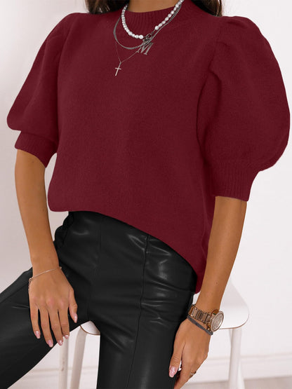 Women's Puff Short Sleeve Sweater Tops 2025 Spring Summer Trendy Crew Neck Casual T Shirts Blouses Beige