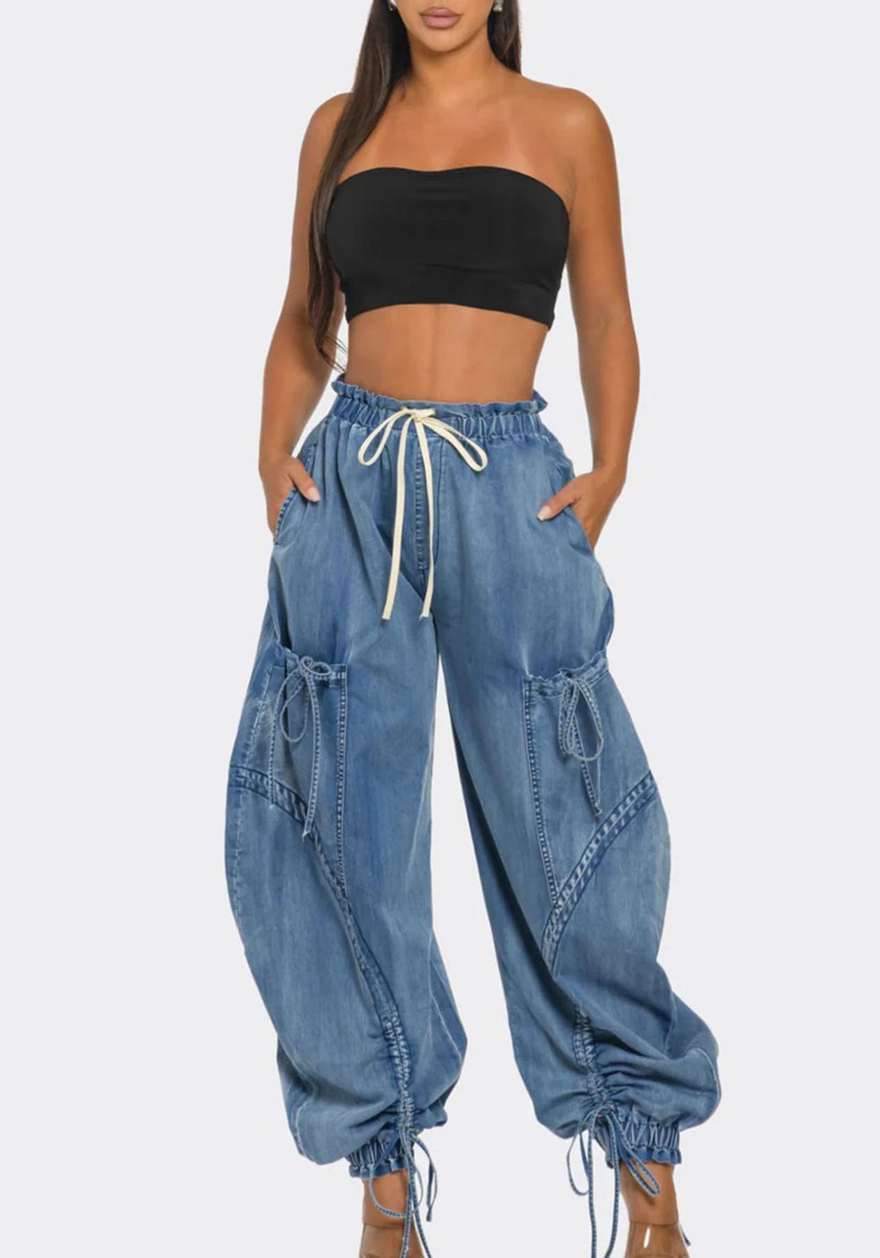 Unybwonn Women Baggy Barrel Jeans High Waisted Y2k Drawstring Bow Tie Cargo Jean Retro Wide Leg Ankle Denim Joggers