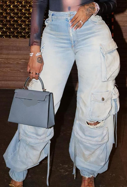 LKOUS Women's Y2K Baggy Straight Wide Leg Cargo Jeans, Streetwear High Waisted Denim Pant Grey