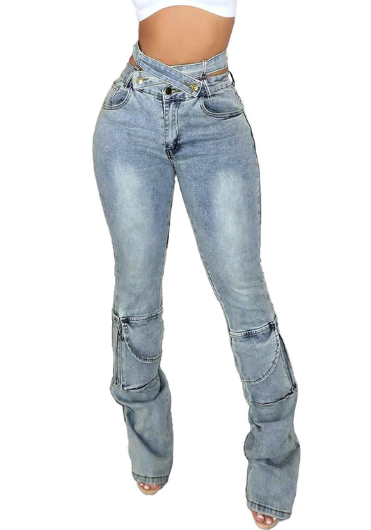 Vakkest Sexy High Waisted Skinny Jeans for Women Bodycon Crossover Stretchy Denim Cargo Pants Streetwear with Pockets